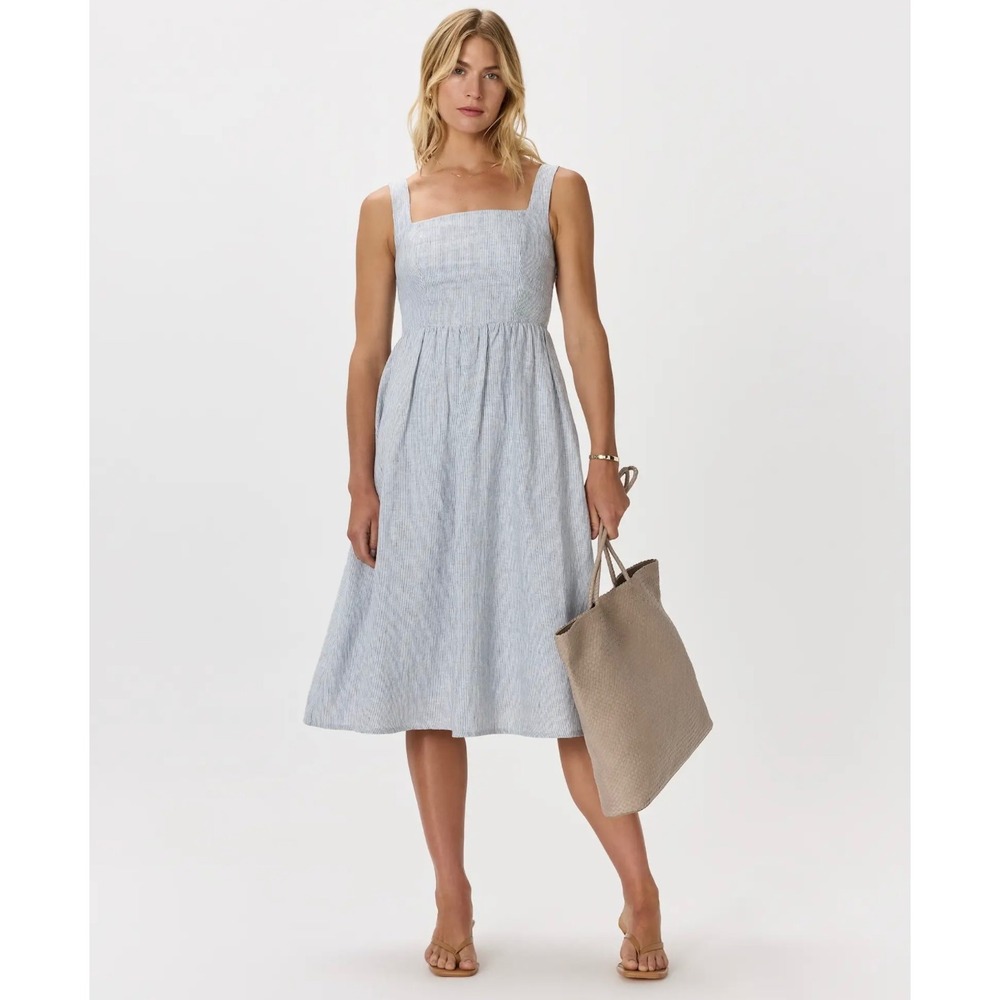 Quince 100% European Linen Fit & Flare Blue Pinstripe Midi Dress Women's Size S